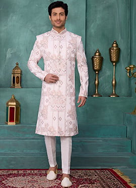 Cream Silk Sequins Embroidered Indowestern Sherwani