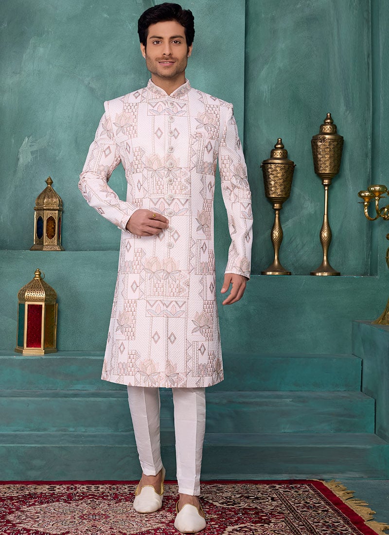 Cream Silk Sequins Embroidered Indowestern Sherwani Wedding Wear