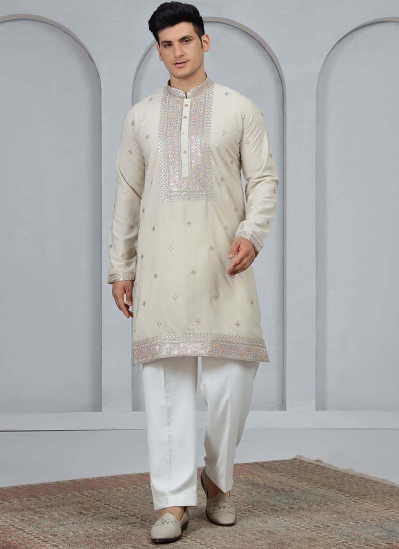 Cream Silk Sequins Embroidered Kurta Pyjama Festive Wear