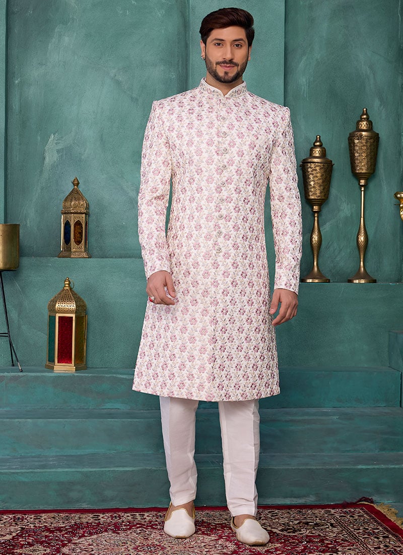 Cream Silk Sequins Embroidered Stones Beads Thread Indowestern Sherwani Wedding Wear