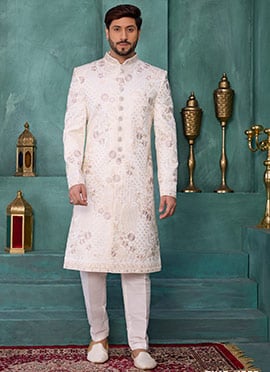 Cream Silk Sequins Embroidered Stones Beads Thread Indowestern Sherwani