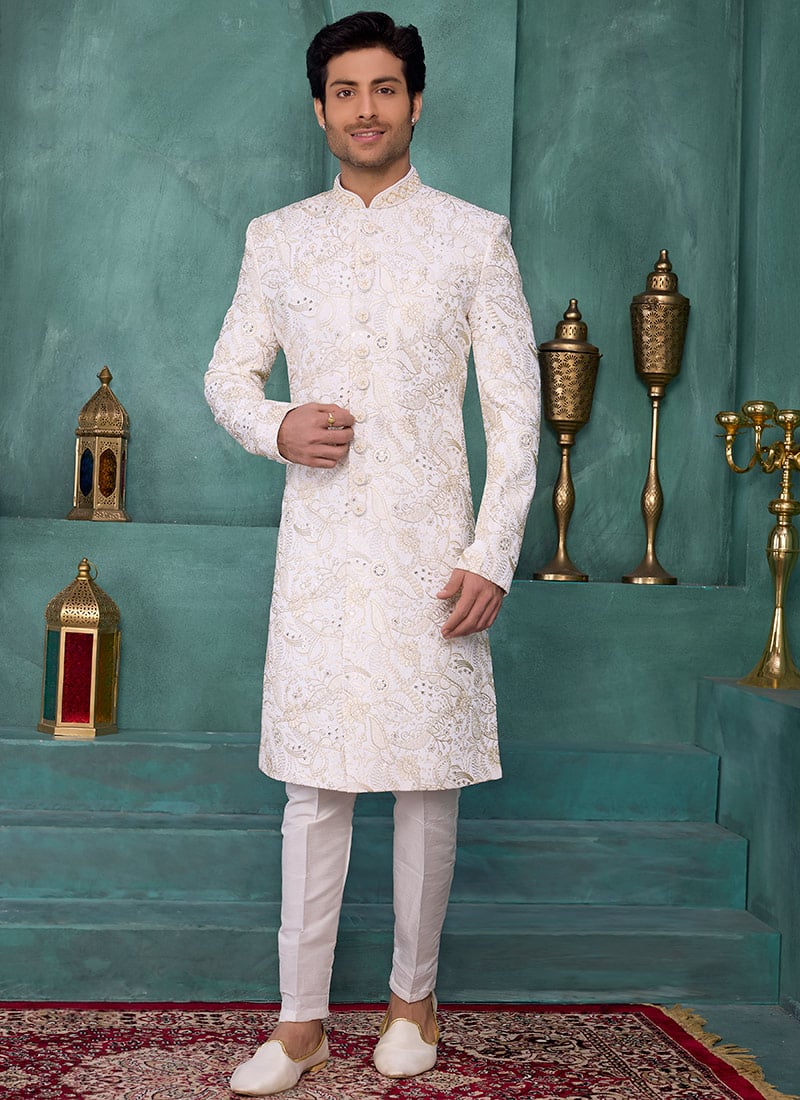 Cream Silk Sequins Embroidered Stones Beads Thread Indowestern Sherwani Wedding Wear