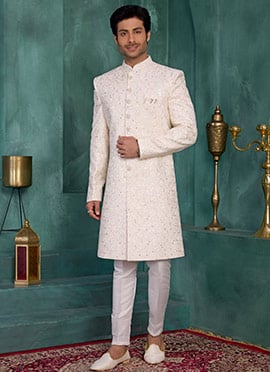 Cream Silk Sequins Embroidered Thread Indowestern Sherwani