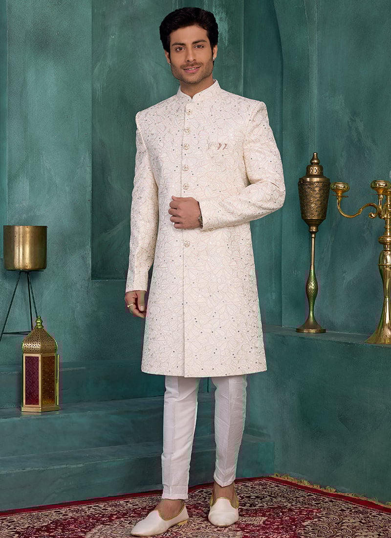 Cream Silk Sequins Embroidered Thread Indowestern Sherwani Wedding Wear