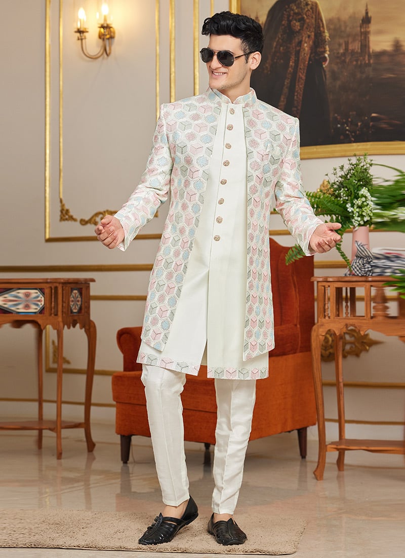 Cream Silk Sequins Indowestern Sherwani Wedding Wear