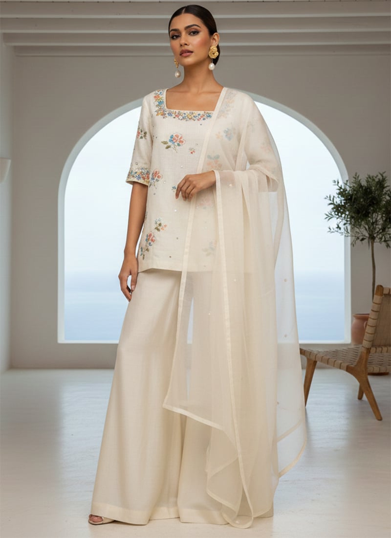 Cream Silk Stone Embellished Palazzo Suit Festive Wear
