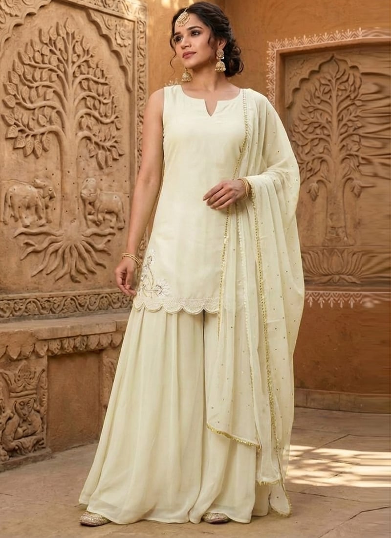 Cream Silk Stone Work Sharara Suit Festive Wear