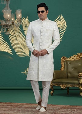 Cream Silk Stones Sequins Embroidered Thread Hand Embroidered Indowestern Sherwani