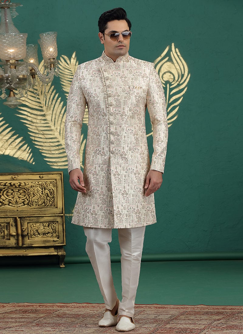 Cream Silk Stones Sequins Embroidered Thread Hand Embroidered Indowestern Sherwani Wedding Wear