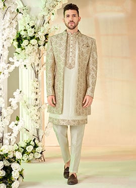 Cream Silk Thread Cutdana Hand Work Indowestern Sherwani