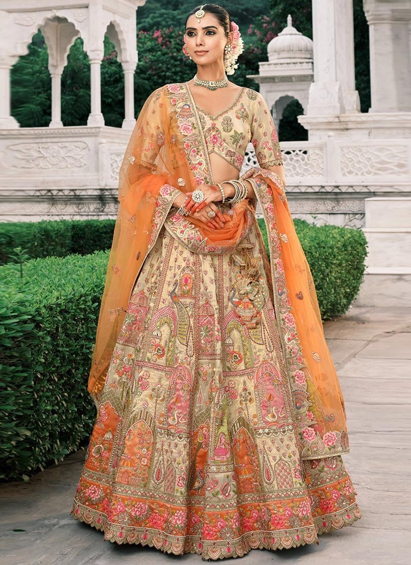 Cream Silk Thread Embroidered And Cut Work Umbrella Lehenga Wedding Wear