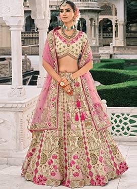 Cream Silk Thread Embroidered And Cut Work Umbrella Lehenga