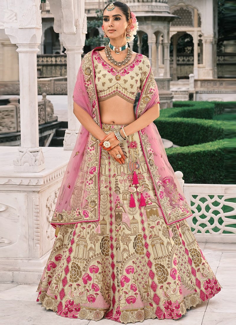 Cream Silk Thread Embroidered And Cut Work Umbrella Lehenga Wedding Wear