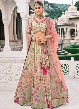 Cream Silk Thread Embroidered And Cut Work Umbrella Lehenga