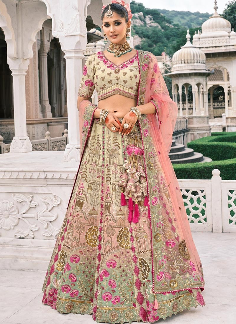 Cream Silk Thread Embroidered And Cut Work Umbrella Lehenga Wedding Wear