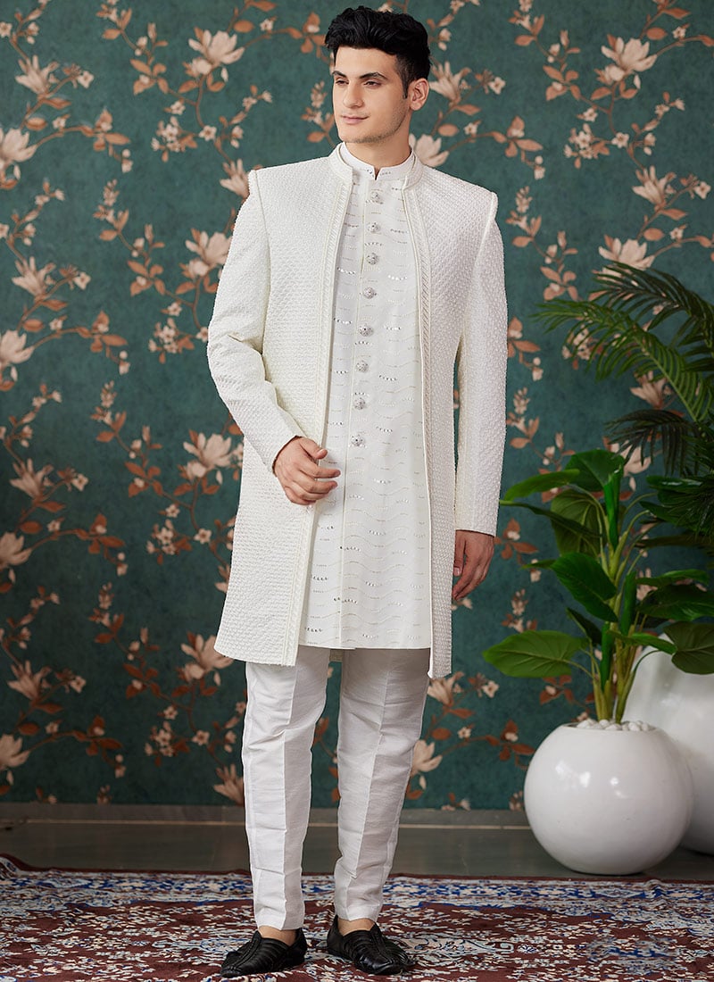 Cream Silk Thread Embroidered And Sequins Indowestern Sherwani Wedding Wear