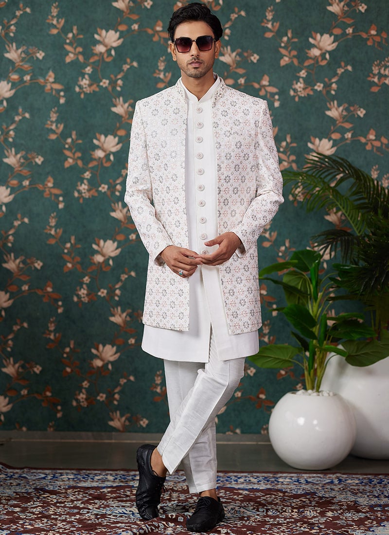 Cream Silk Thread Embroidered And Sequins Indowestern Sherwani Wedding Wear