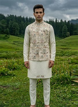 Cream Silk Thread Embroidered Sequins Bandi Set