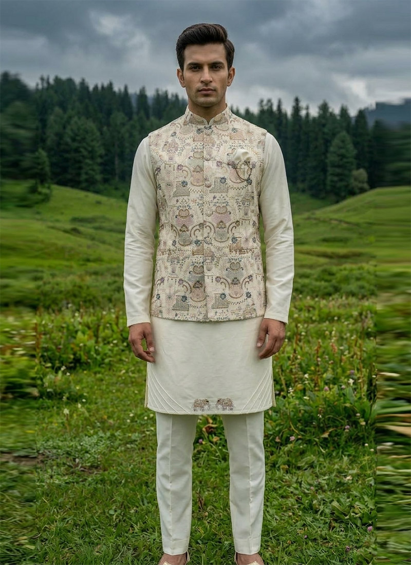 Cream Silk Thread Embroidered Sequins Bandi Set Festive Wear