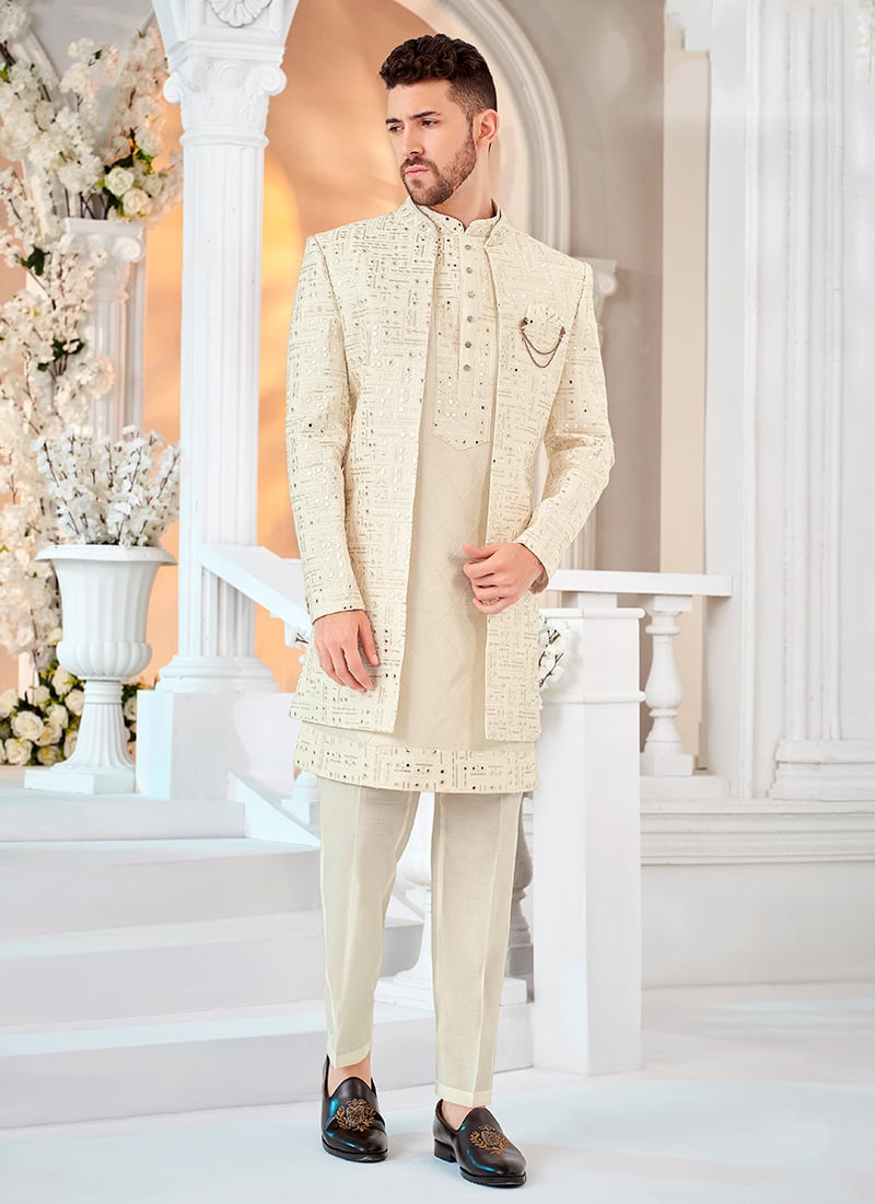 Cream Silk Thread Foil Mirror Cutdana Hand Work Indowestern Sherwani Wedding Wear