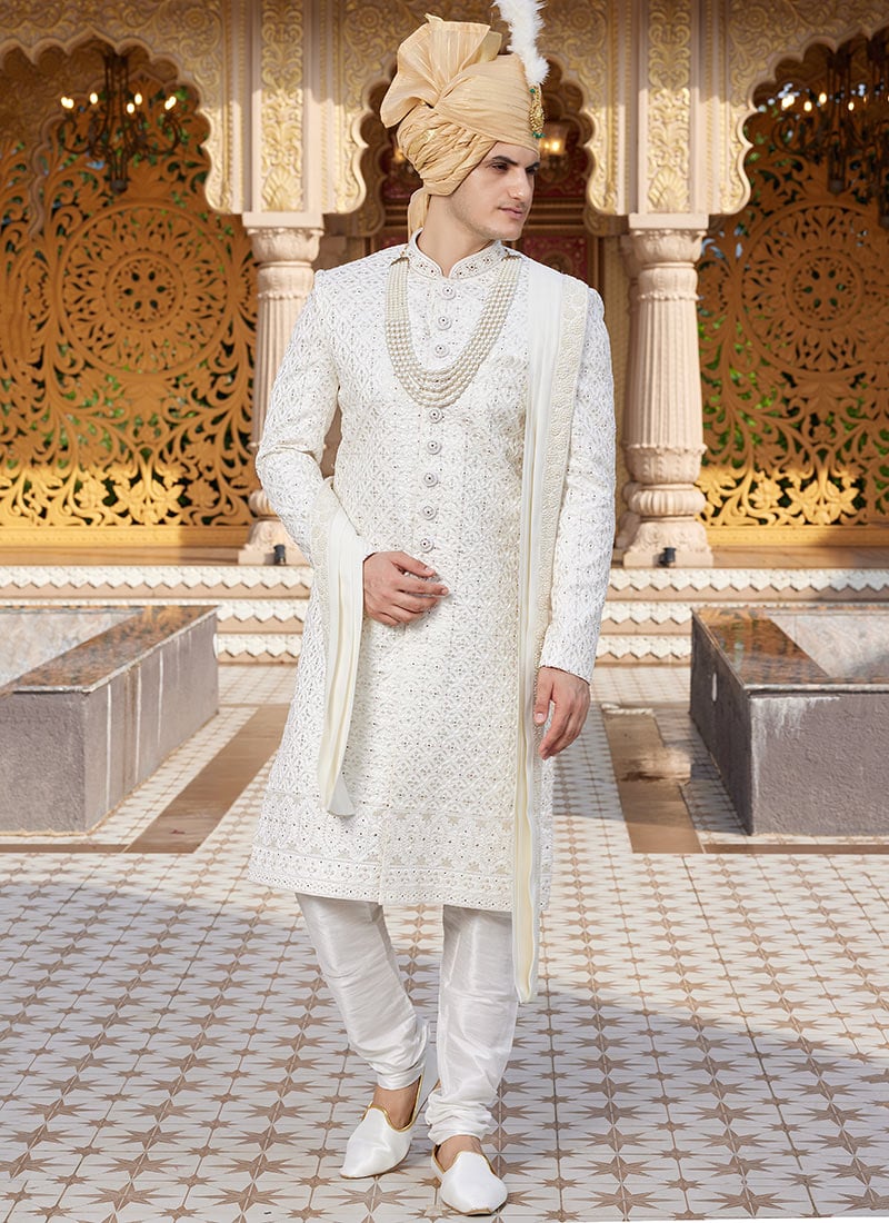 Cream Silk Thread Hand Embroidered Classic Sherwani Wedding Wear