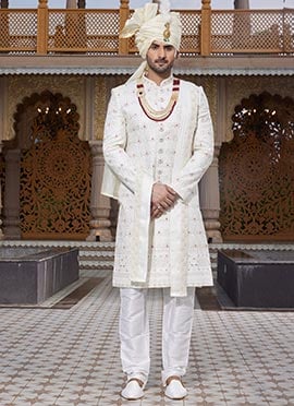 Cream Silk Thread Hand Embroidered Classic Sherwani