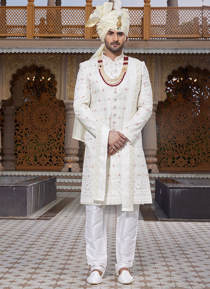 Cream Silk Thread Hand Embroidered Classic Sherwani Wedding Wear