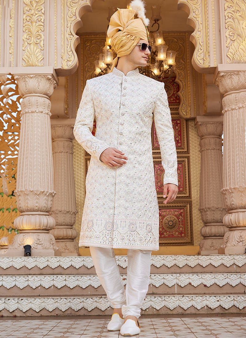 Cream Silk Thread Hand Embroidered Classic Sherwani Wedding Wear