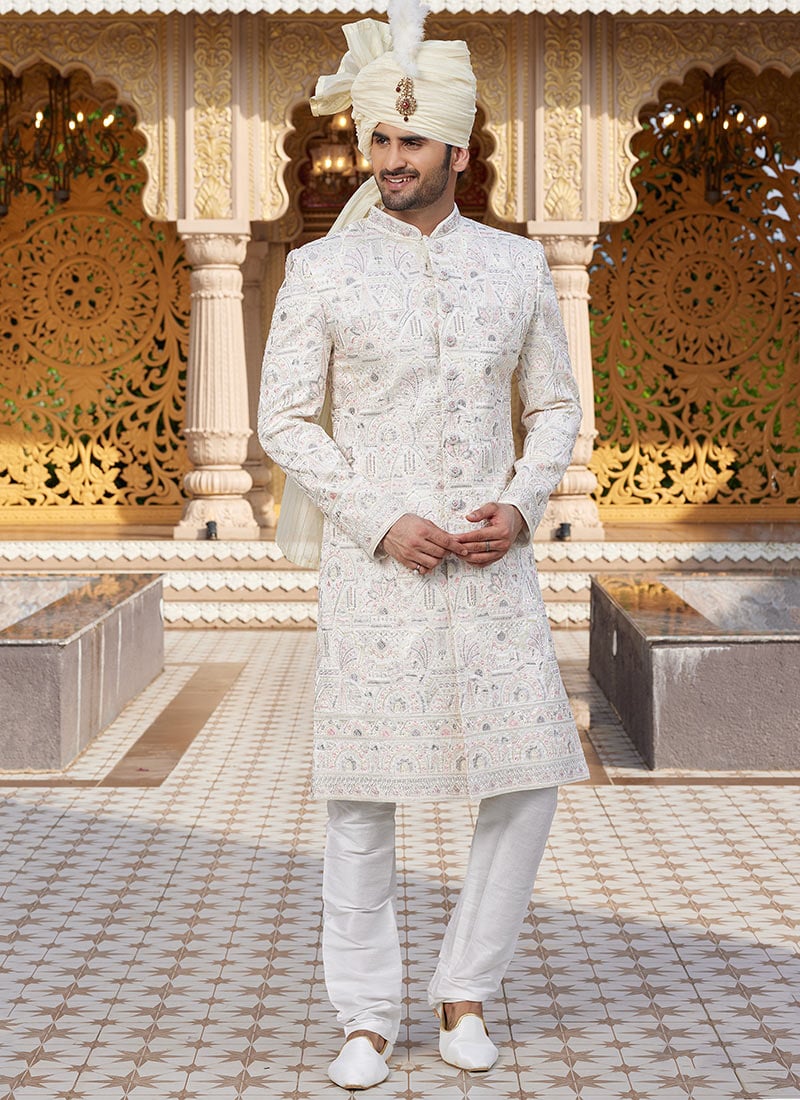 Cream Silk Thread Hand Embroidered Classic Sherwani Wedding Wear