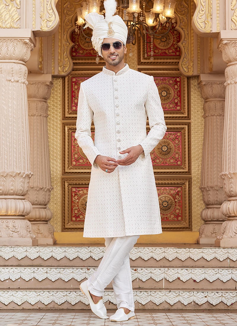 Cream Silk Thread Hand Embroidered Classic Sherwani Wedding Wear
