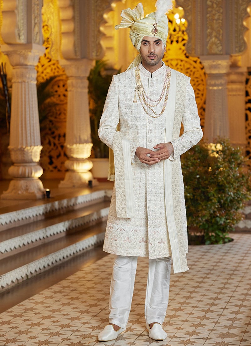 Cream Silk Thread Hand Embroidered Classic Sherwani Wedding Wear
