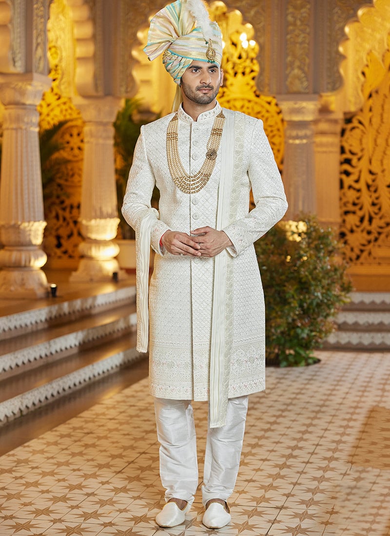 Cream Silk Thread Hand Embroidered Classic Sherwani Wedding Wear