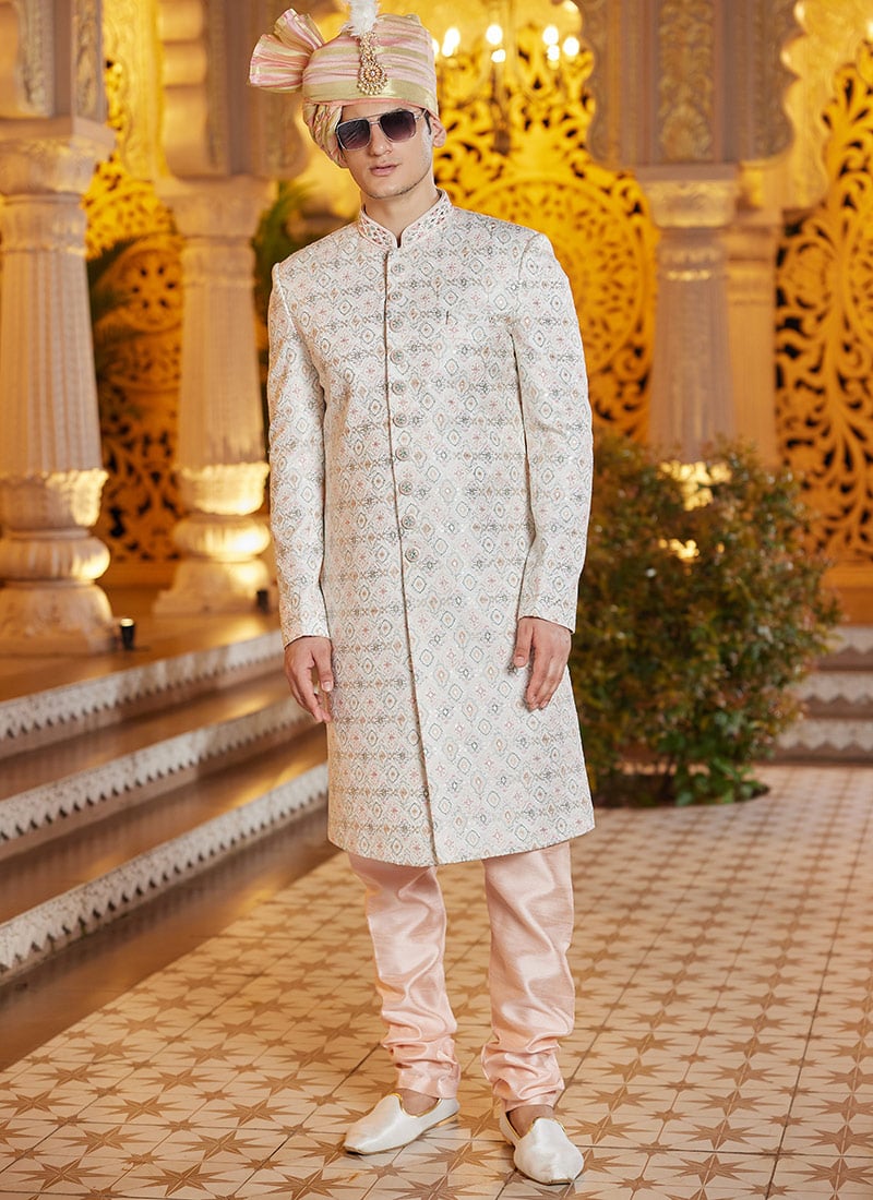 Cream Silk Thread Hand Embroidered Classic Sherwani
