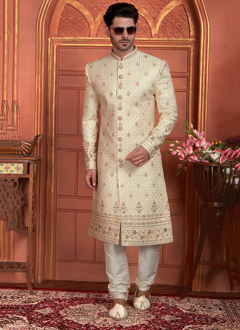 Cream Silk Thread Hand Work Classic Sherwani For Men Wedding Wear