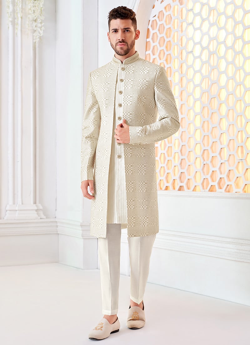 Cream Silk Thread Hand Work Indowestern Sherwani