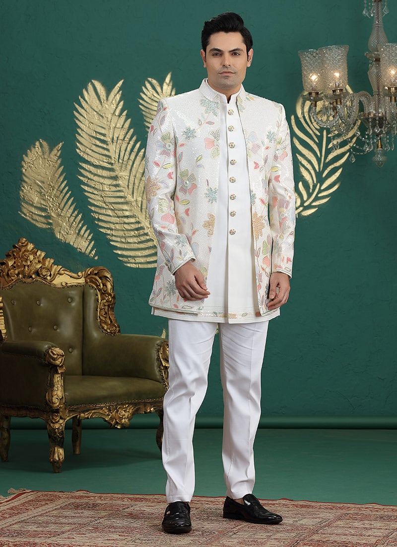 Cream Silk Thread Sequins Embroidered Indowestern Sherwani Wedding Wear