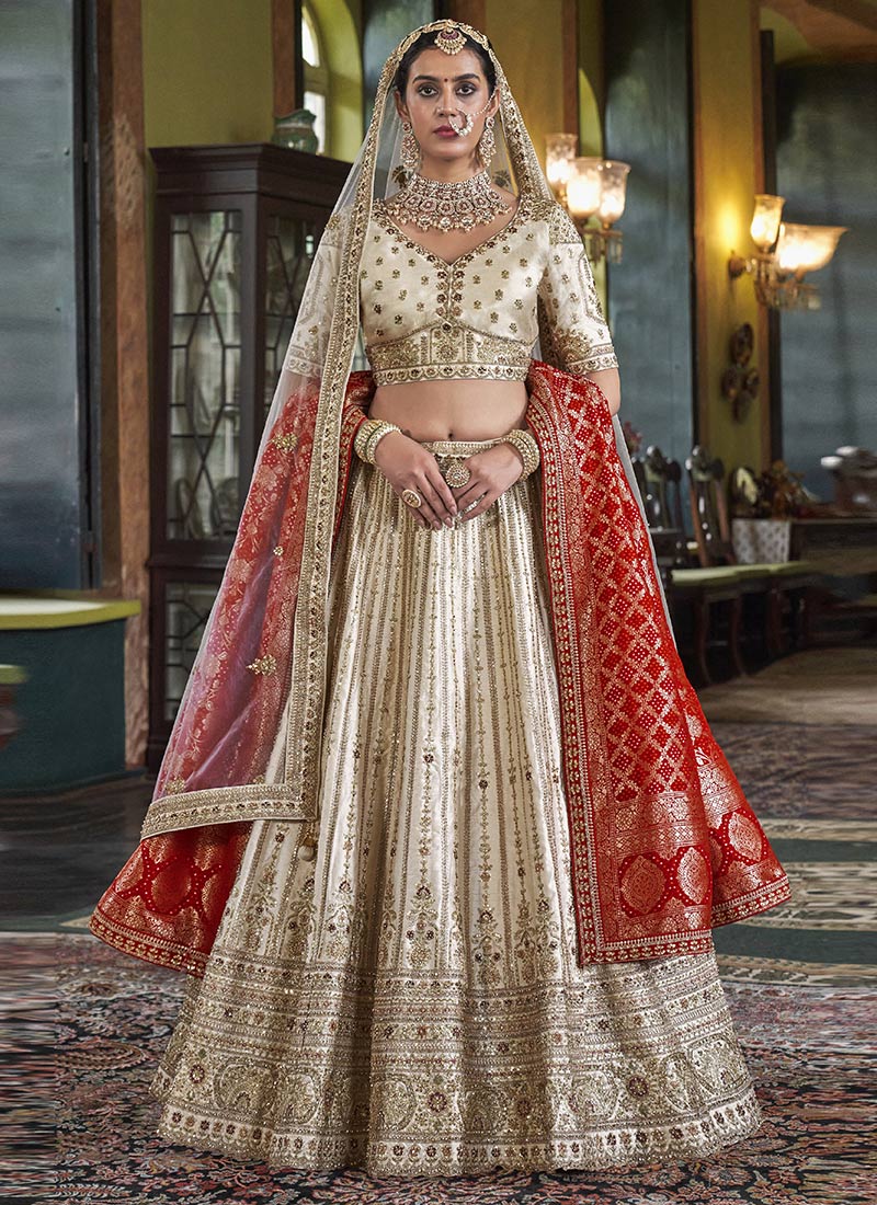 Cream Silk Thread Woven Embroidered Sequins And Zari Umbrella Lehenga Wedding Wear