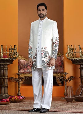 Cream Silk Thread Zari Sequins Embroidered Indowestern Sherwani