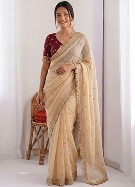 Cream Silk Zari Embroidered Saree