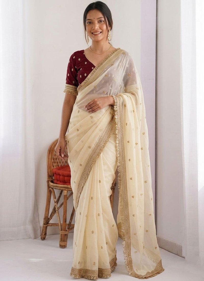 Cream Silk Zari Embroidered Saree After Six Wear