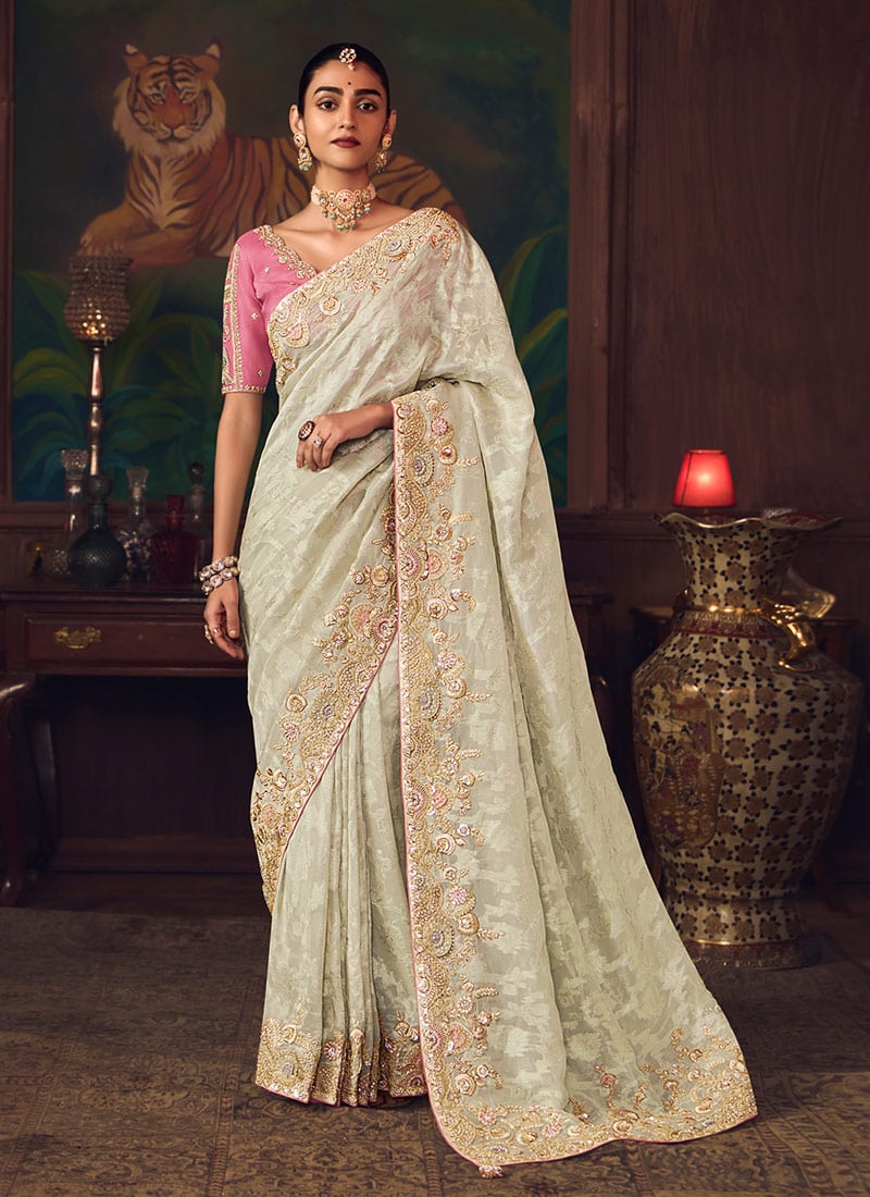 Cream Silk Zari Embroidered Sequins Beads Stones Thread Saree Wedding Wear