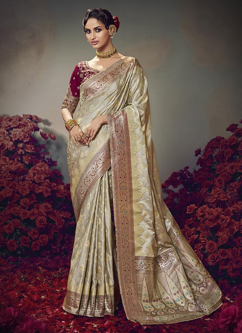 Cream Silk Zari Embroidered Sequins Jacquard Saree Festive Wear