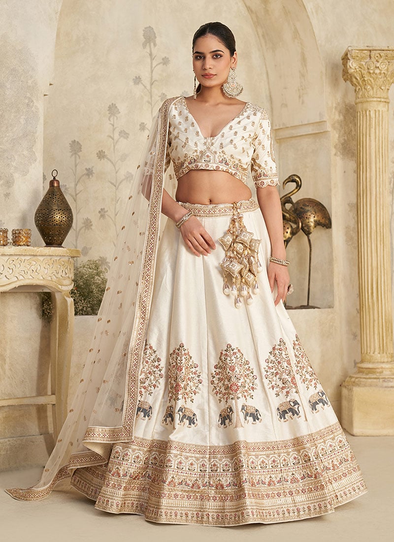 Cream Silk Zari Embroidered Sequins Lehenga Choli  Wedding Wear