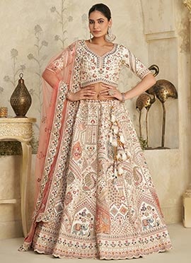 Cream Silk Zari Embroidered Sequins Lehenga Choli  Wedding Wear