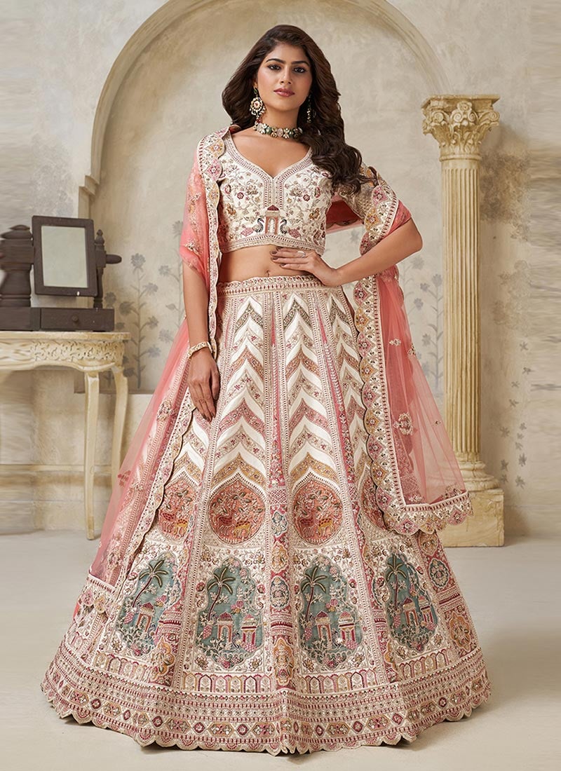 Cream Silk Zari Embroidered Sequins Lehenga Choli  Wedding Wear