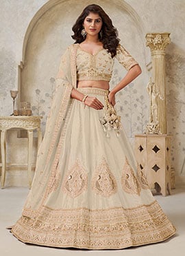 Cream Silk Zari Embroidered Sequins Lehenga Choli