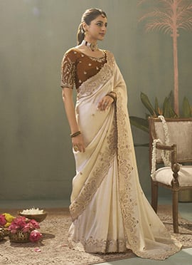 Cream Silk Zari Embroidered Sequins Saree