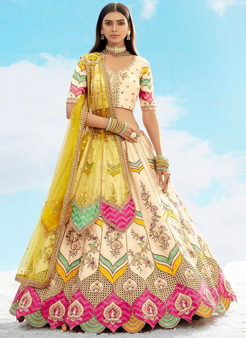 Cream Silk Zari Embroidered Sequins Stunning Lehenga