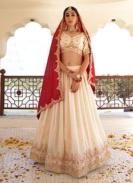 Cream Silk Zari Embroidered Sequins Traditional Lehenga