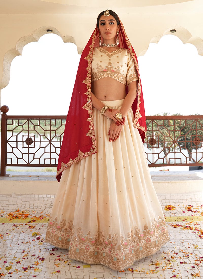 Cream Silk Zari Embroidered Sequins Traditional Lehenga